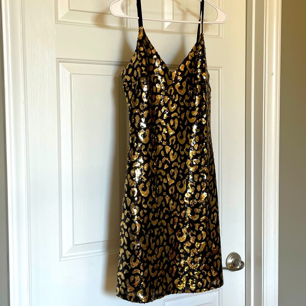 GUESS Black&Gold Leopard Print Sequined Dress